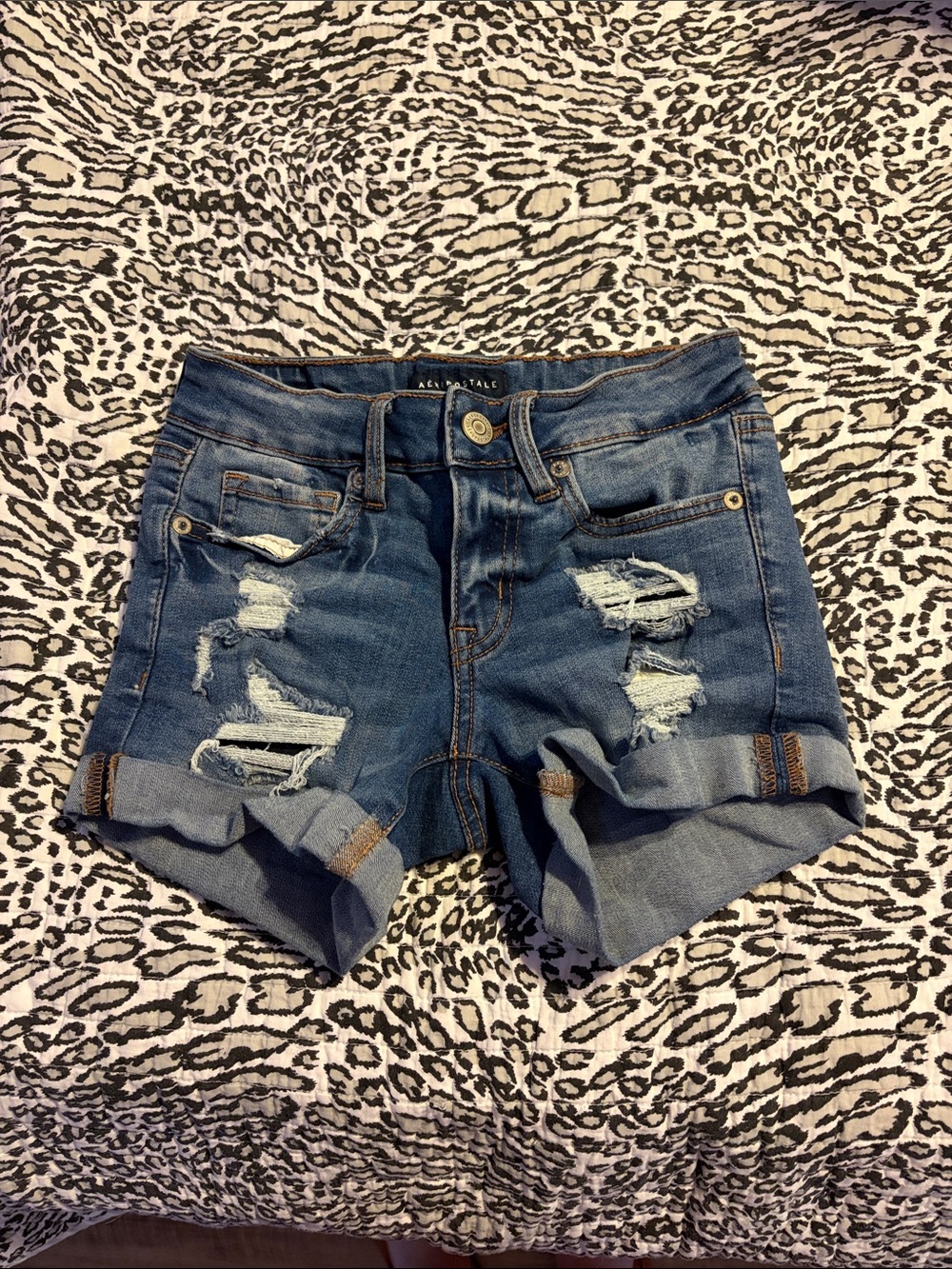 American Eagle Outfitters Distressed Rolled Cuff Denim Shorts - Blue